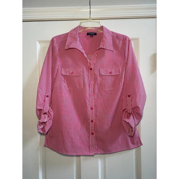 Notations Women's Magenta White Striped Button Up Shirt Long Sleeves Petite Med - Picture 1 of 8